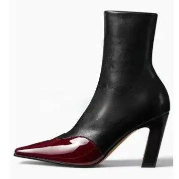 Ladies Short Ankle Boots Mix Color Matte Burgundy Patent Upper Point Toe Botas De Mujer Block Heel Side Zip Fashion Botties