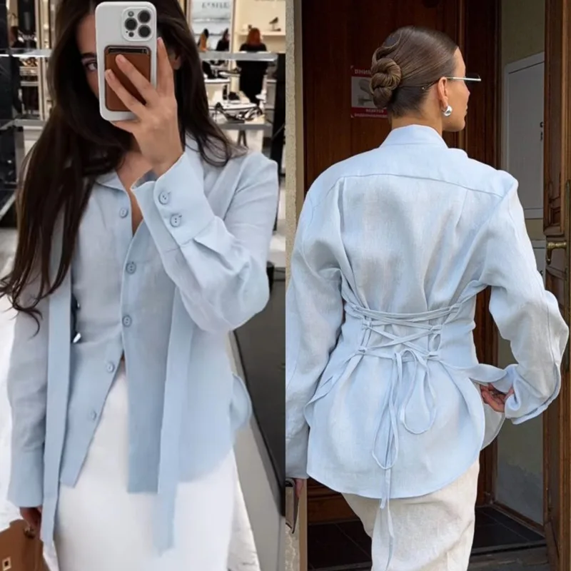 

Elegant Women's Long Sleeve Blouse With Scarf Neck Design Cotton Fabric Slim Fit Style For Autumn Office Daily Commuting Outfit