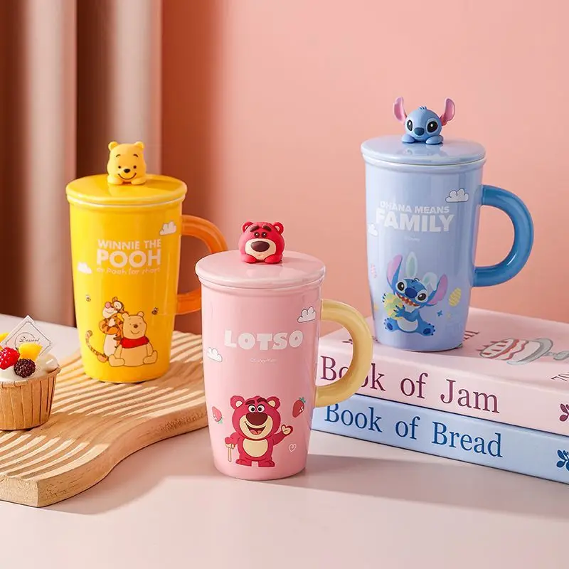 New Disney Lotso Stitch Pooh Printed Ceramic Mug Autumn Large Capacity High Value Cartoon Household Water Cup with Lid Wholesale