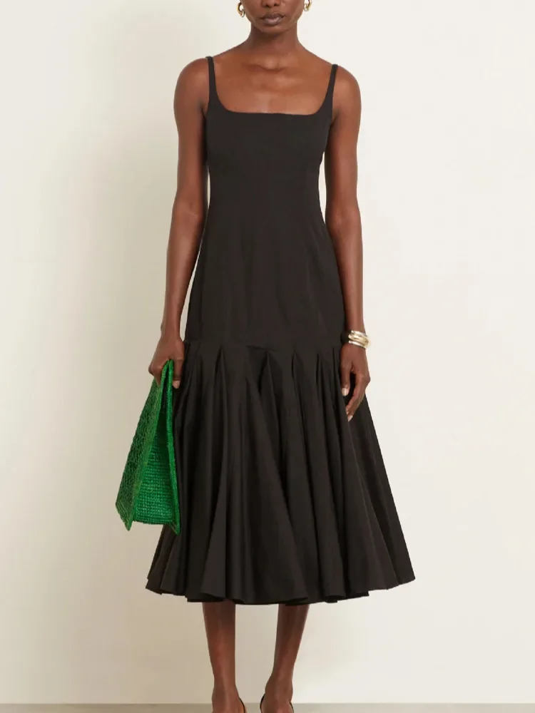 

Spaghetti Strap Backless Sexy Maxi Dress Women Black Off-shoulder Sleeveless High Waist Pleated Club Party Long Dresses