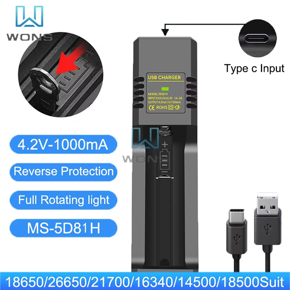 18650 Battery Charger Tester 2 4 Slots USB Type-C Lithium Battery Charger Adapter 4.2V Rechargeable Battery Capacity Indicator