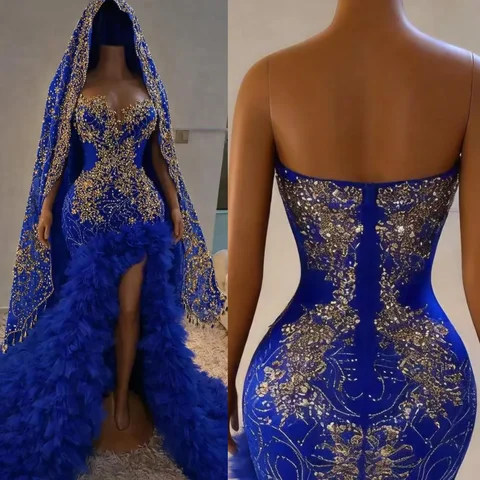 Royal Blue Prom Dress 2026 Mermaid Prom Dress Crystals Sequined Lace With A Veil Evening Dresses Birthday Party Gowns