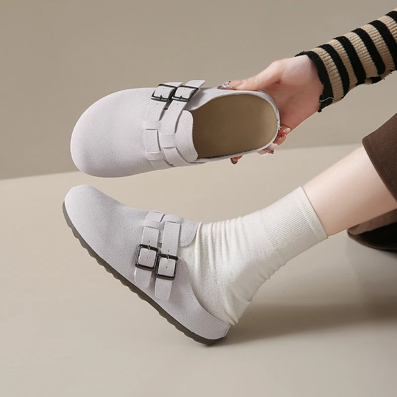 

Женские бахилы на плоской подошве, удобные однотонные туфли на плоской подошве, кожаная поверхность с низким верхом и круглым носком, повседневные полутапочки на мягкой подошве