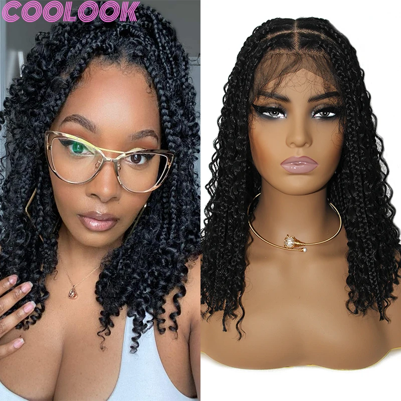 

Black Synthetic Full Lace Box Braided Wig 12 Inch Bohemian Deep Wave Lace Frontal Braids Wig Goddess Faux Locs Wigs for Braiding