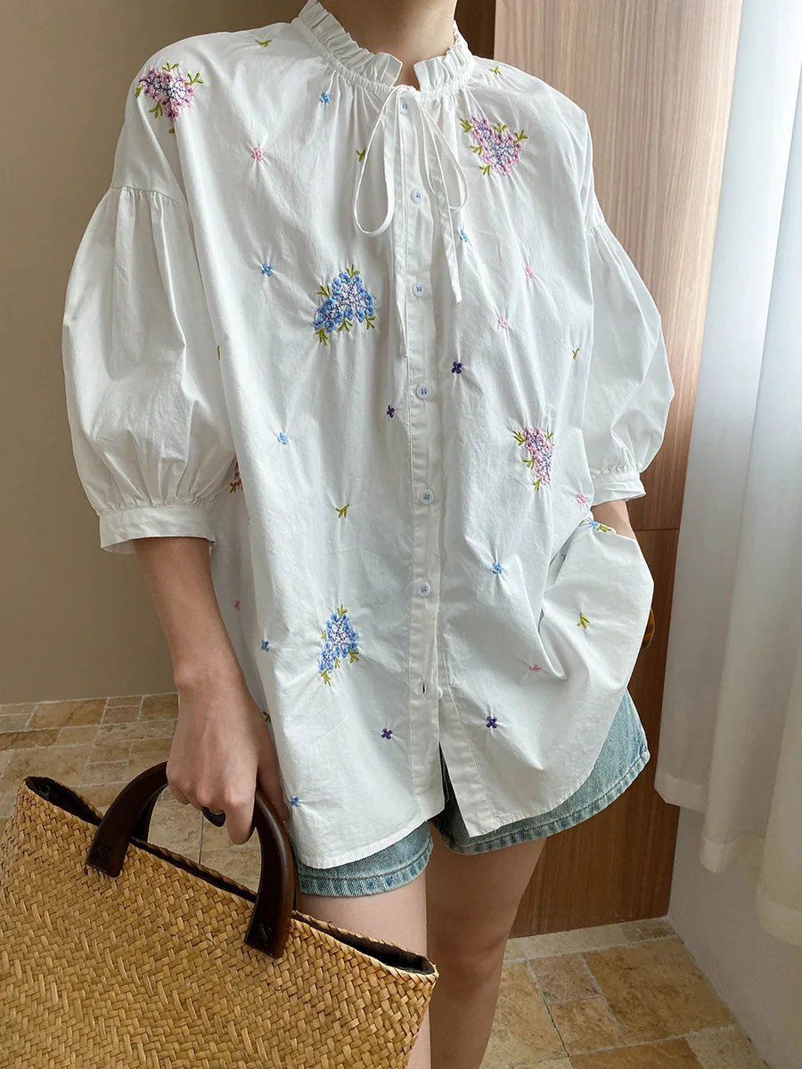 

Spring and summer women's casual solid color stand up collar bubble sleeves embroidered decoration loose shirt