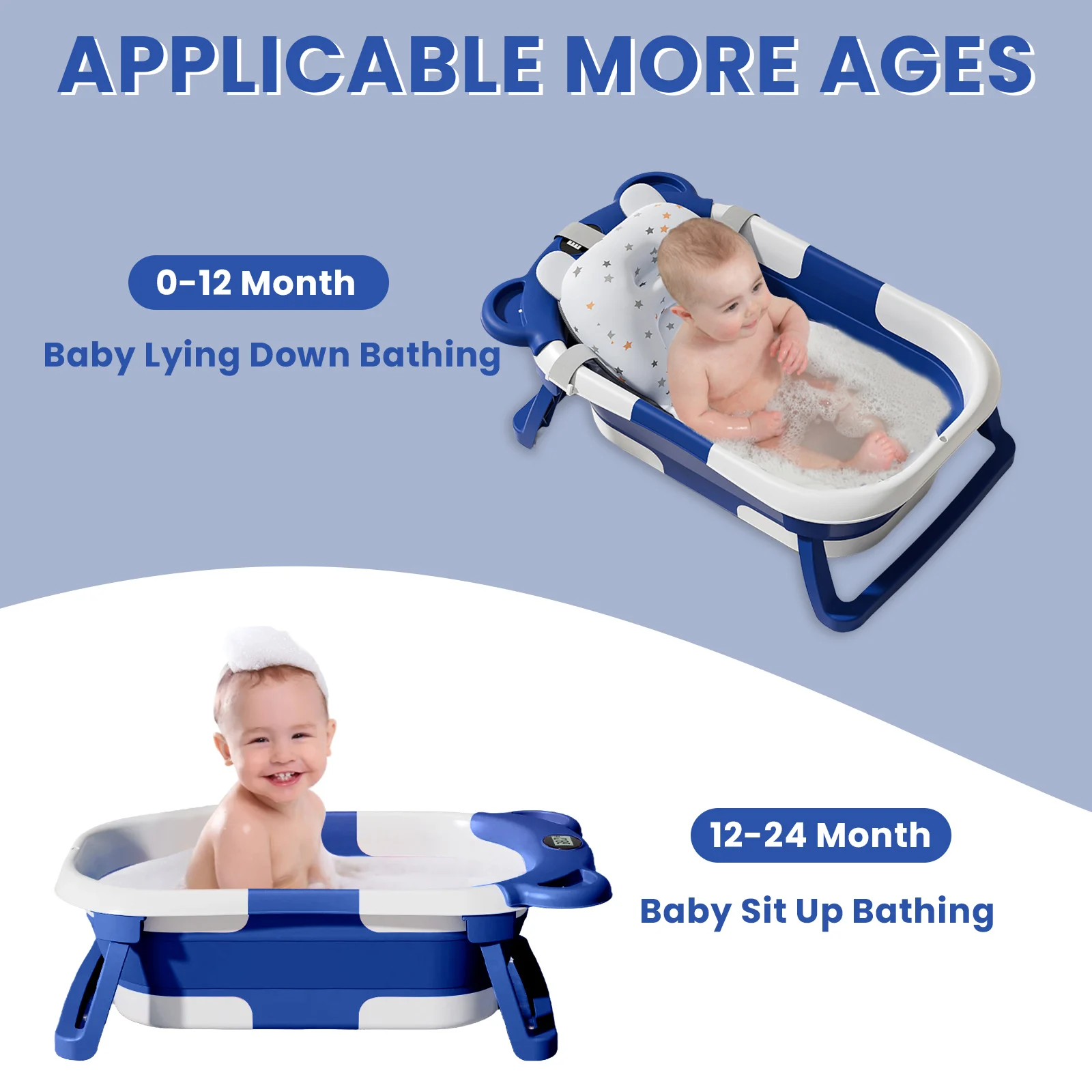 Baignoire pour bébé pliable avec thermomètre et coussin pour enfants de 0 à 36 mois, portable et légère pour les bains en plein air