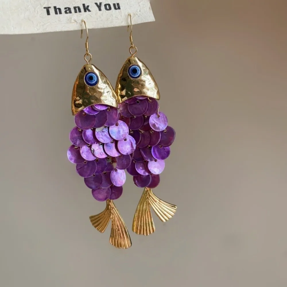 Retro Personality Fish-shaped Earrings Elegant Scaly Imitation Shell Tassel Earrings Ear Hook Design Alloy Dangle Earrings Women