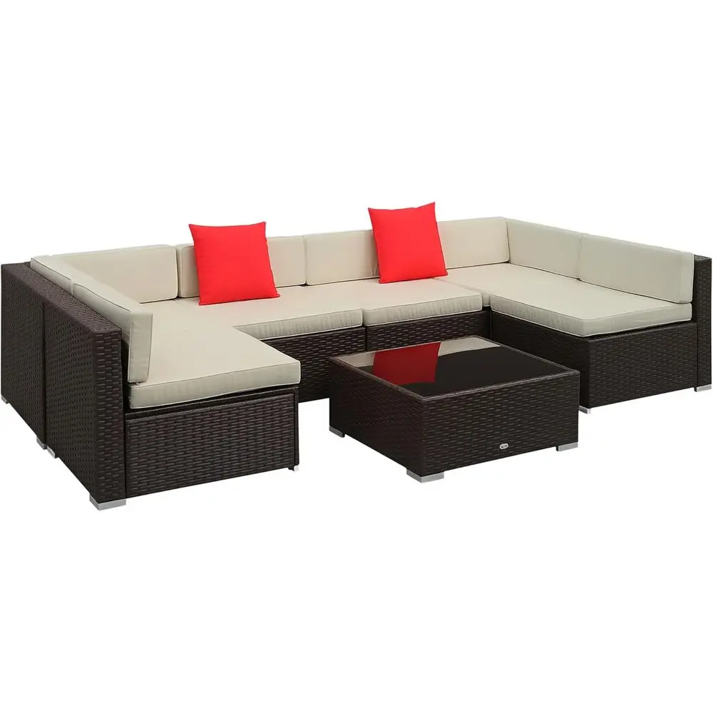 All-Weather PE Rattan Patio Furniture Set with Cushions, Tempered Glass Coffee Table, Pillows in Cream White