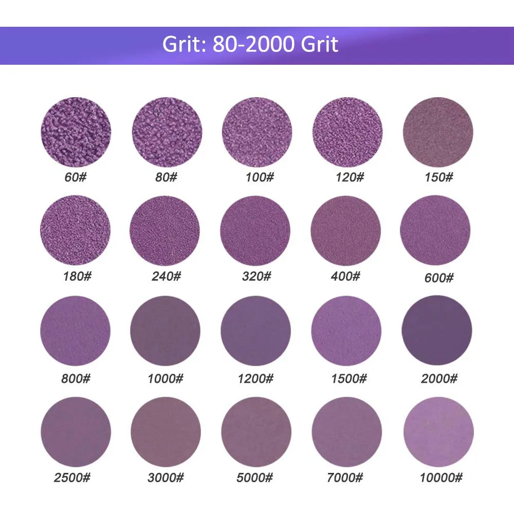 1/2/3/5 بوصة مجموعة ورق الصنفرة الأرجواني 80-2000 فريك هوك وحلقة المهنية أكسيد الألومنيوم ورق الرمل الرطب الجاف البولندية للخشب المعدني #6