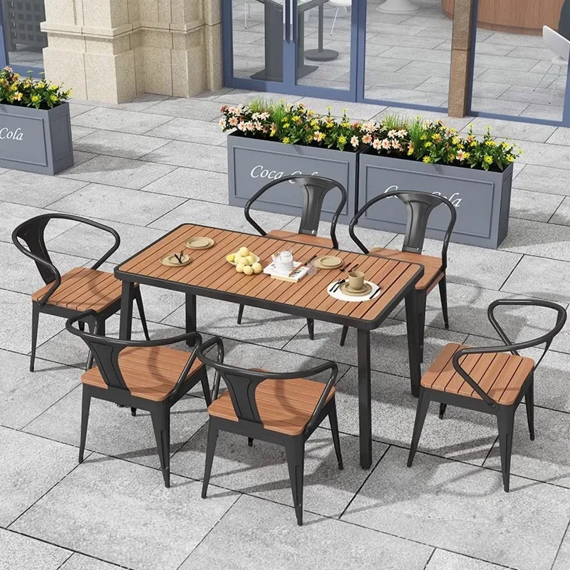 

Outdoor tables and chairs Patio terrace Sunscreen waterproof outdoor plastic wood dining tables and chairs