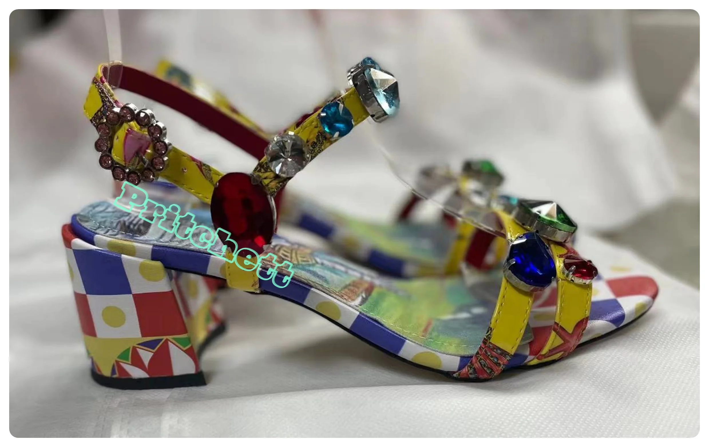 Colored Rhinestone Chunky High Heel Round Open Toe Women Sandals Ankle Strap Buckle Summer Shoes 2024 New Arrivals Luxury