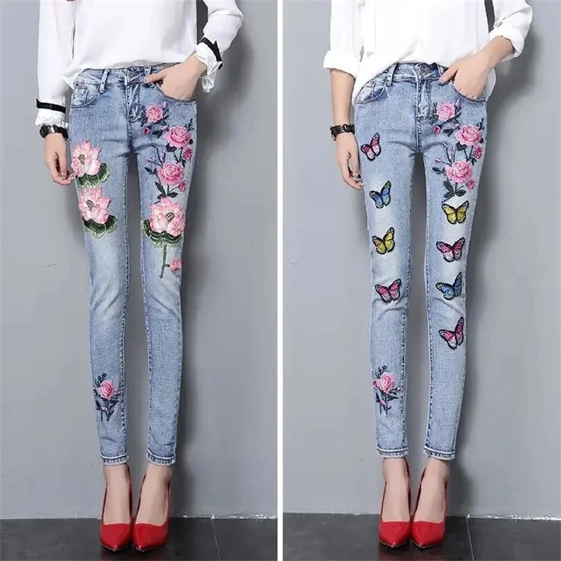 2024 New autumn Ladies Jeans Embroidered Lotus Flowers Women's Denim Pants High Waist Korean Slim Versatile Small Feet Trousers