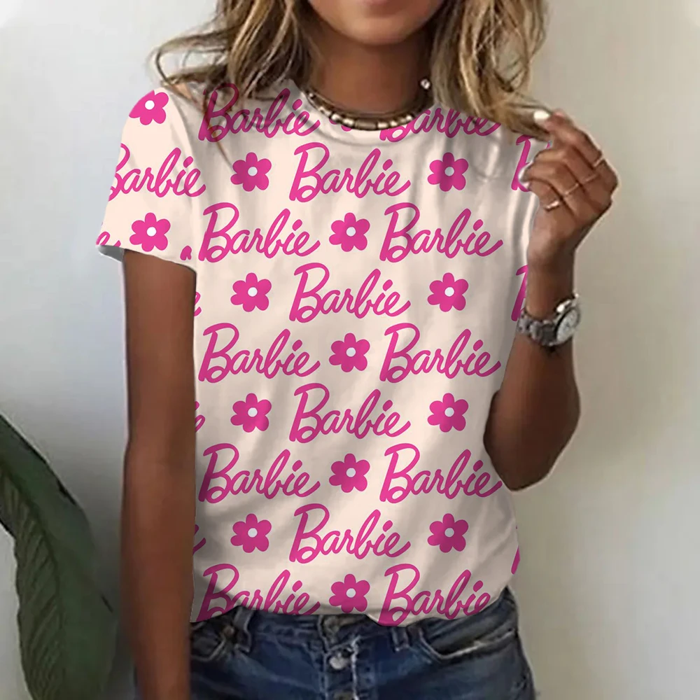 Barbie Short Sleeves Fashion Ladies Printed Pullover Round Neck T-shirt Y2k Girls Loose Soft Summer Tops Versatile Yoga Clothes