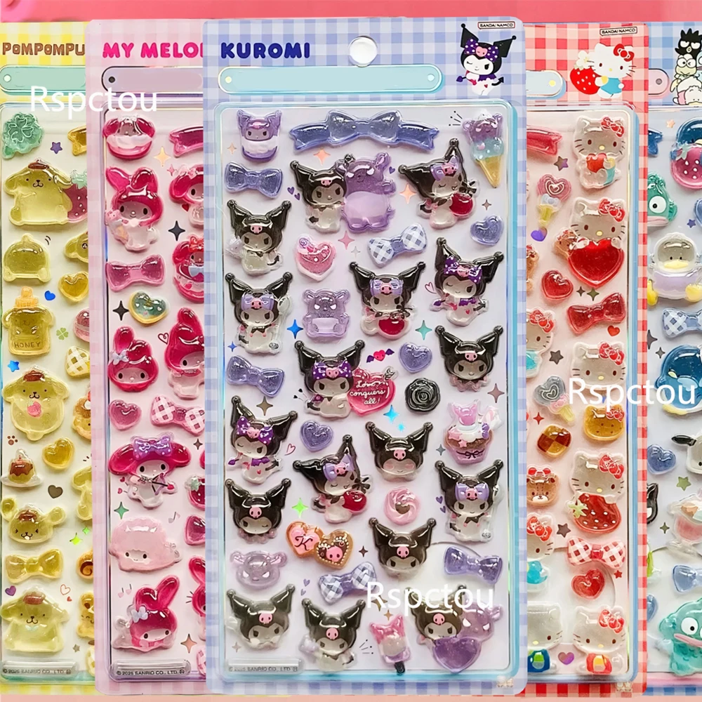 Kawaii Sanrio Cartoon Rilievo Adesivi Cinnamoroll Kuromi Pompon Purin Melody Jelly Crystal Sticker Carino Decorazione Decalcomanie Regali