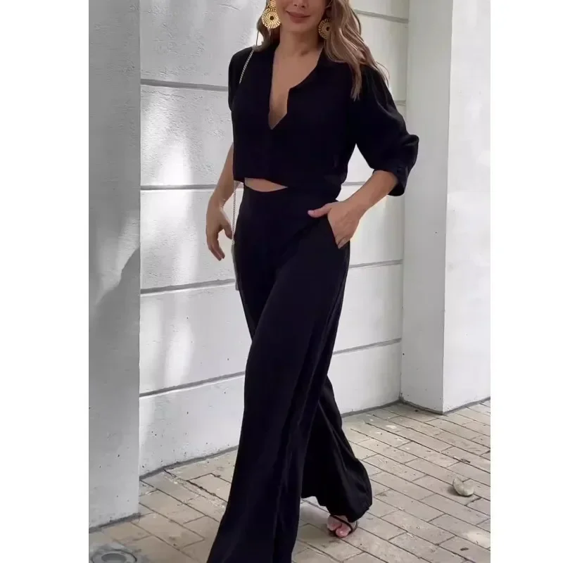 Elegant Two-Piece Set for Women, Cropped Top and High Waist Pants, Wide Leg Suit, Casual Outfits, Spring and Summer Fashion