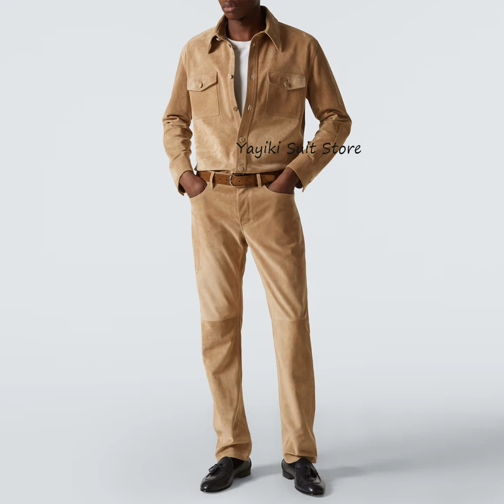 

Мужской повседневный классический мужской костюм из замши, элегантный мужской костюм, однобортный стильный новый комплект из двух предметов с двумя нагрудными карманами