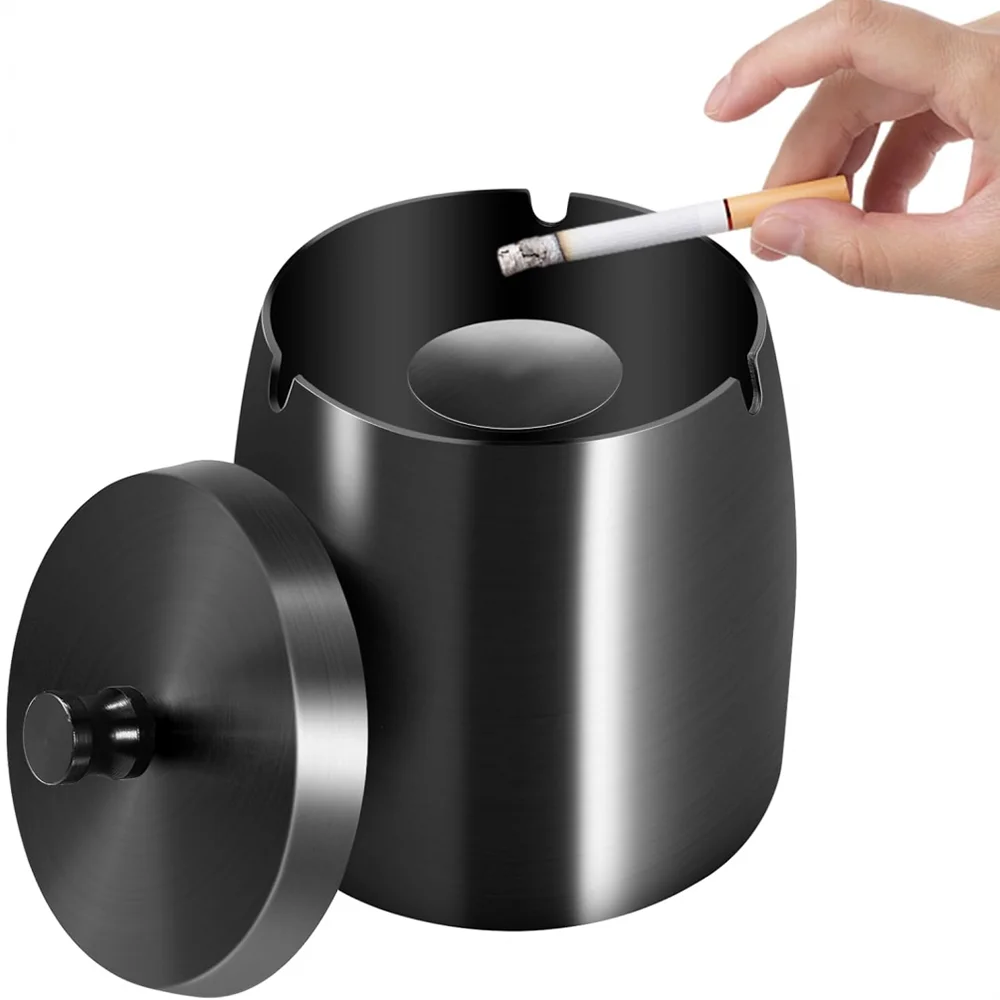 Outdoor Ashtray, Ashtray with Lid, Stainless Steel Non-Slip Base, Suitable for Home, Office, Desk, Patio, Outdoor Balcony