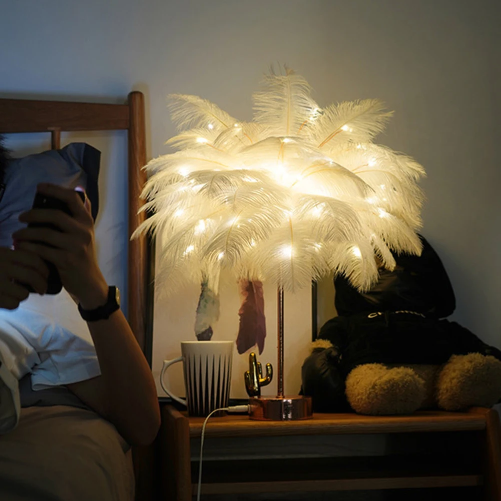 Lámpara de mesa de plumas LED de noche, luz cálida creativa DIY, pantalla de pluma de árbol, decoración de dormitorio del hogar de boda con Control remoto