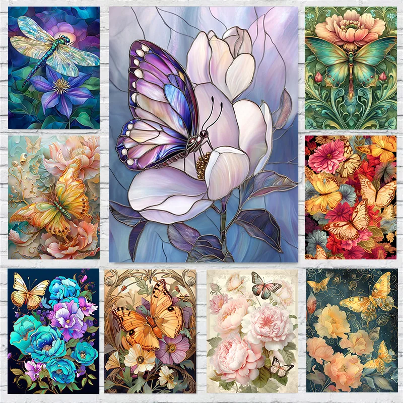 (2D Canvas Painting) Butterfly Bee Dragonfly On Sunflower Blue Crematis Flower Poster Print Wall Art Pictures Canvas Painting