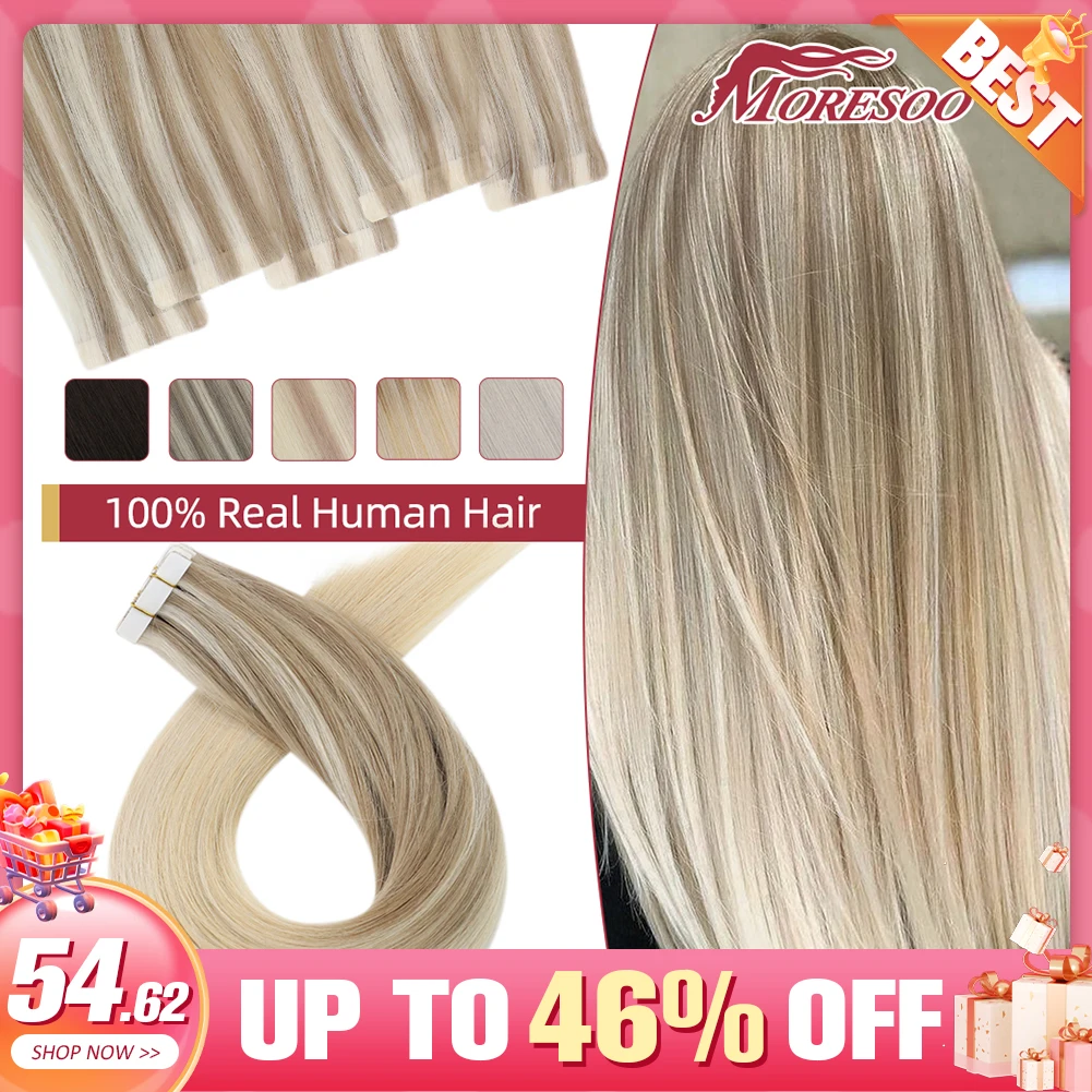 Moresoo Injection Tape Hair Extensions Ash Blonde Highlight Virgin Hair Natural Straight Brazilian Tape in Human Hair Extension