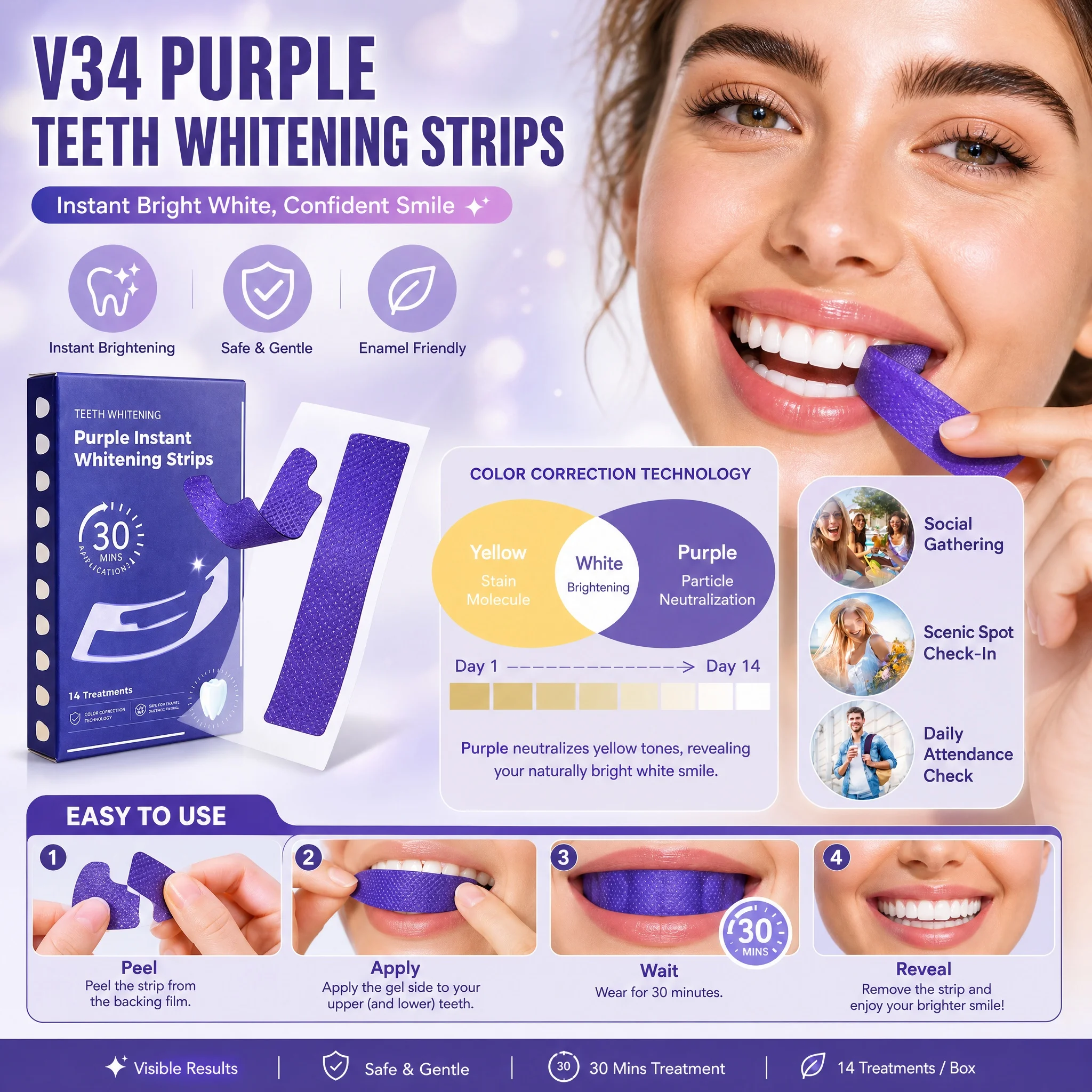 14/56/70Pairs  Purple Teeth Whitening Strip No Sensitive Teeth Bleaching Strip Colour Corrector Teeth Clean Strip Teeth Whiter