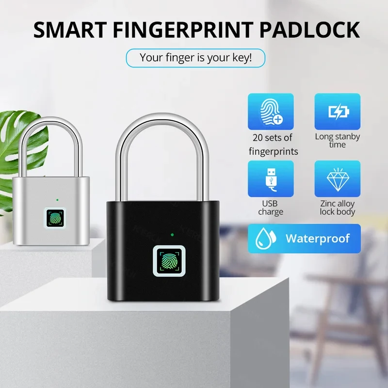 Portable Anti Theft Smart Door Padlock, USB Charging Waterproof Zinc Alloy Lock, Fast 0.2 Second Fingerprint Unlock Keyless