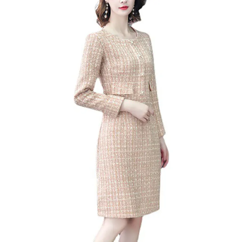 

Women's long sleeved tweed dress 2024 new autumn/winter small fragrant style waist cinching temperament dress