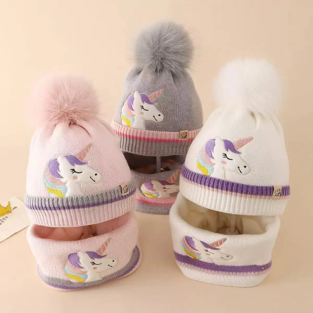 Children's Winter Caps & Snood Set for Girl Cartoon Unicorn Warm Cute Knitted Beanies with Linning Pompom Scarf for Kids 2-6Y