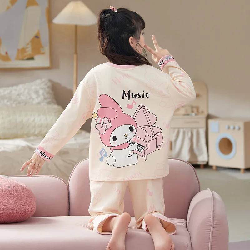 Sanrio-Pijama de algodón puro de Hello Kitty para niños, conjunto de ropa de estar por casa con dibujos animados de oso de fresa, novedad de otoño