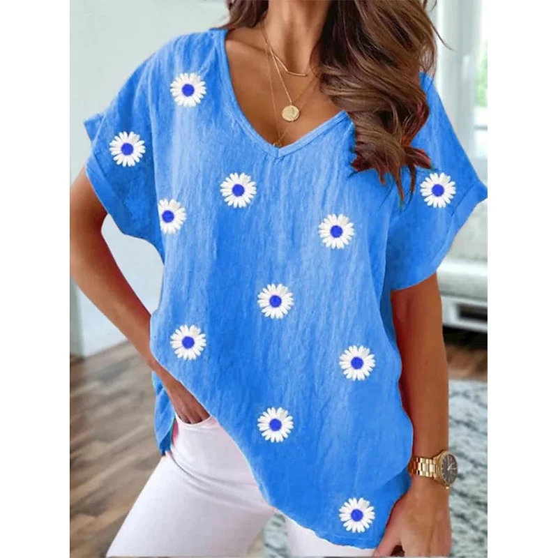 

Summer Floral Flower T-shirt 3D Print Women Y2k Tops Streetwear T Shirts Harajuku Oversized Elegant V-Neck Tees Woman Clothing