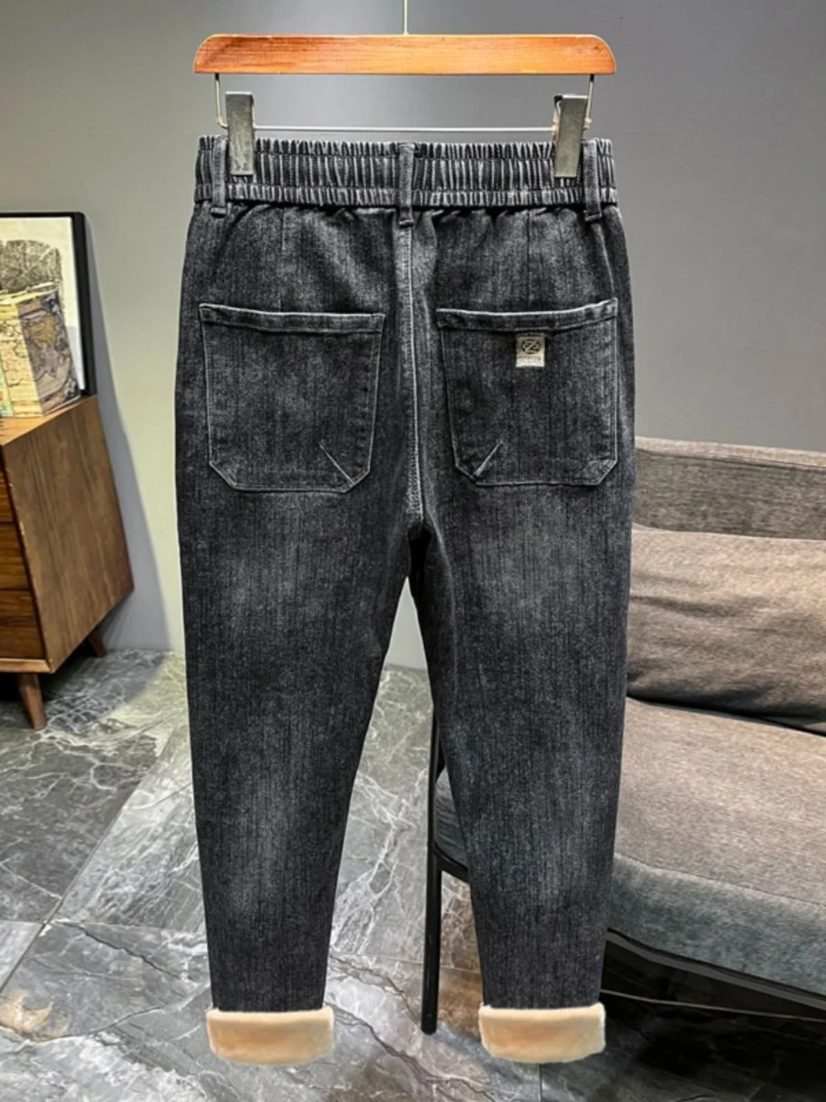 Jeans da uomo con elastico in vita foderato in Fce Pantaloni casual in velluto a coste Dstring Pantaloni caldi invernali alla moda per giovani