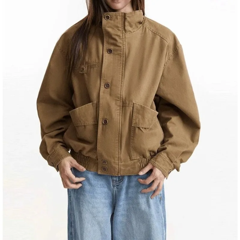 American Retro Heavy Washed Old Canvas Tooling Jacket Men's and Women's Short Wide Boxy Stand-up Collar Jacket