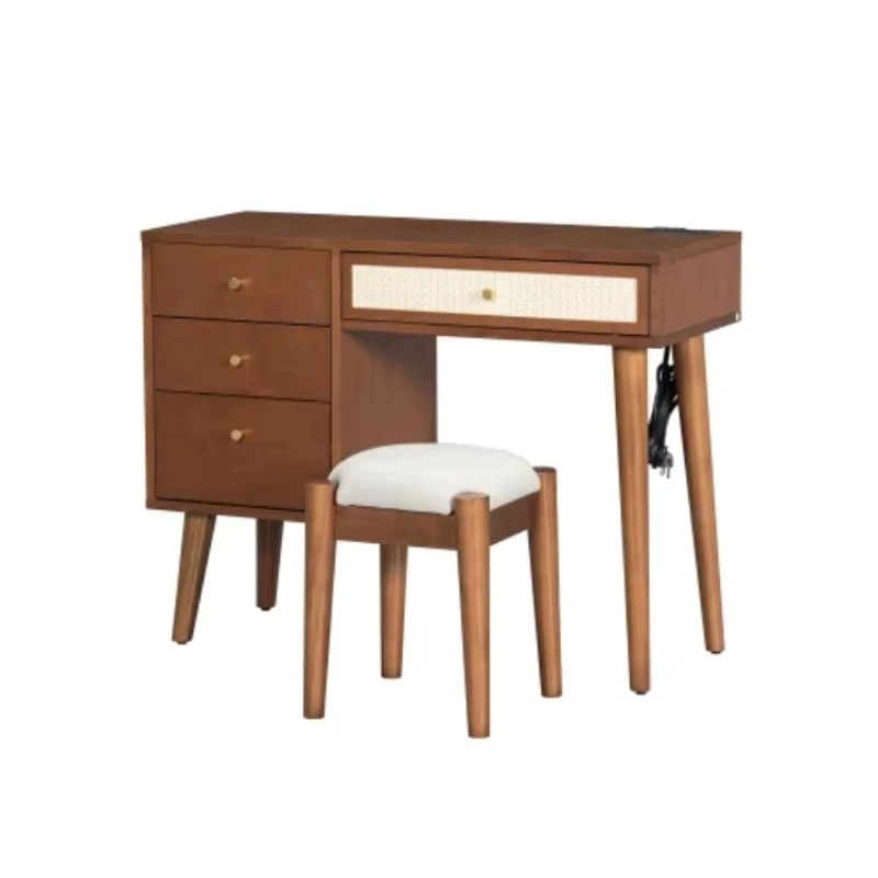 

Modern solid wood makeup dresser with lamp mirror charging plug and USB port stool 3 drawers storage