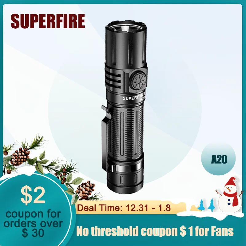 

SUPERFIRE A20 High Power LED Flashlight 2000LM USB-C Rechargeable with Memory Function Tactical Torch Waterproof Camping Lantern