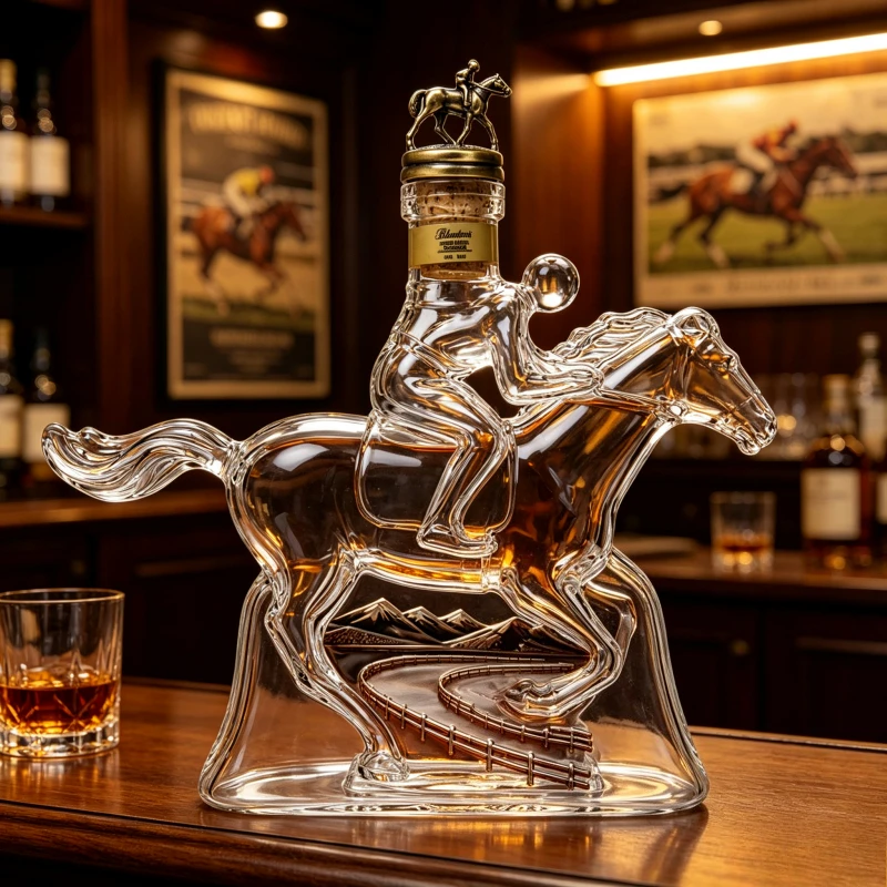 Equestrian Galloping Horse Jockey Shaped Crystal Decanter, Vintage Racetrack Embossed Liquor Bottle with Bronze Horse Rider