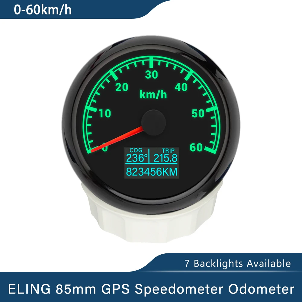 

ELING 85mm Waterproof GPS Speedometer 0-30knots 0-200KM/H 0-80MPH Odometer with 7 Colors Backlight for Car Boat Motorcycle