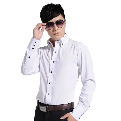 Imagen 2 del producto Camisa de vestir para hombres con cuello abotonado formal de negocios de manga larga casual moda coreana Slim Fit camisas de diseñador masculino blanco
