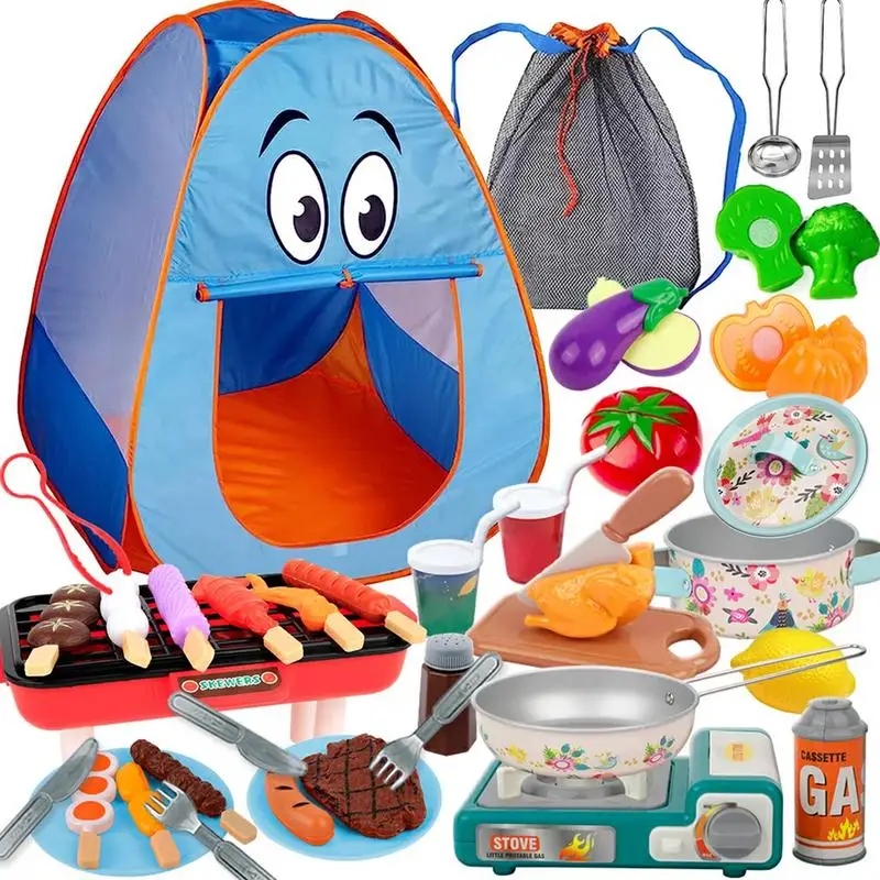 Conjunto de acampamento com Play Tent para crianças, brinquedo ao ar livre com simulação de alimentos, pote, 3 anos indoor, 40pcs