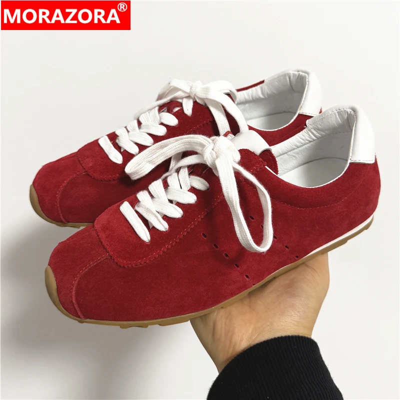 

NORAZORA Plus Size 34-43 Full Cow Suede Laather Women Sneakers Lace Up Casual Sneakers Band Handmade Female Flats