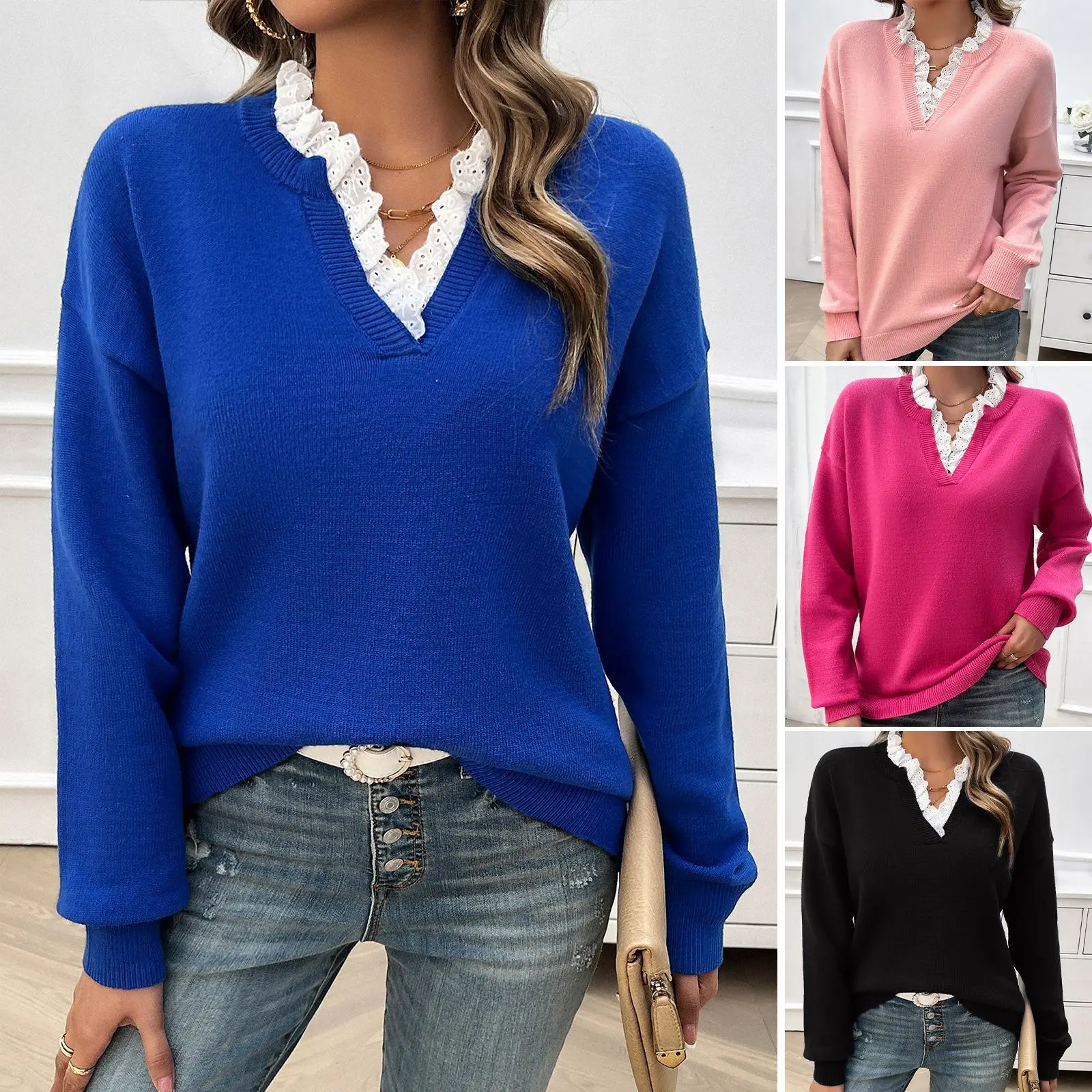 YJKDYK Autumn Winter Women's Sweater Female Contrast Lace V-neck Knit Pullovers Lady Long Sleeve Tops Warm Women's Knitwears