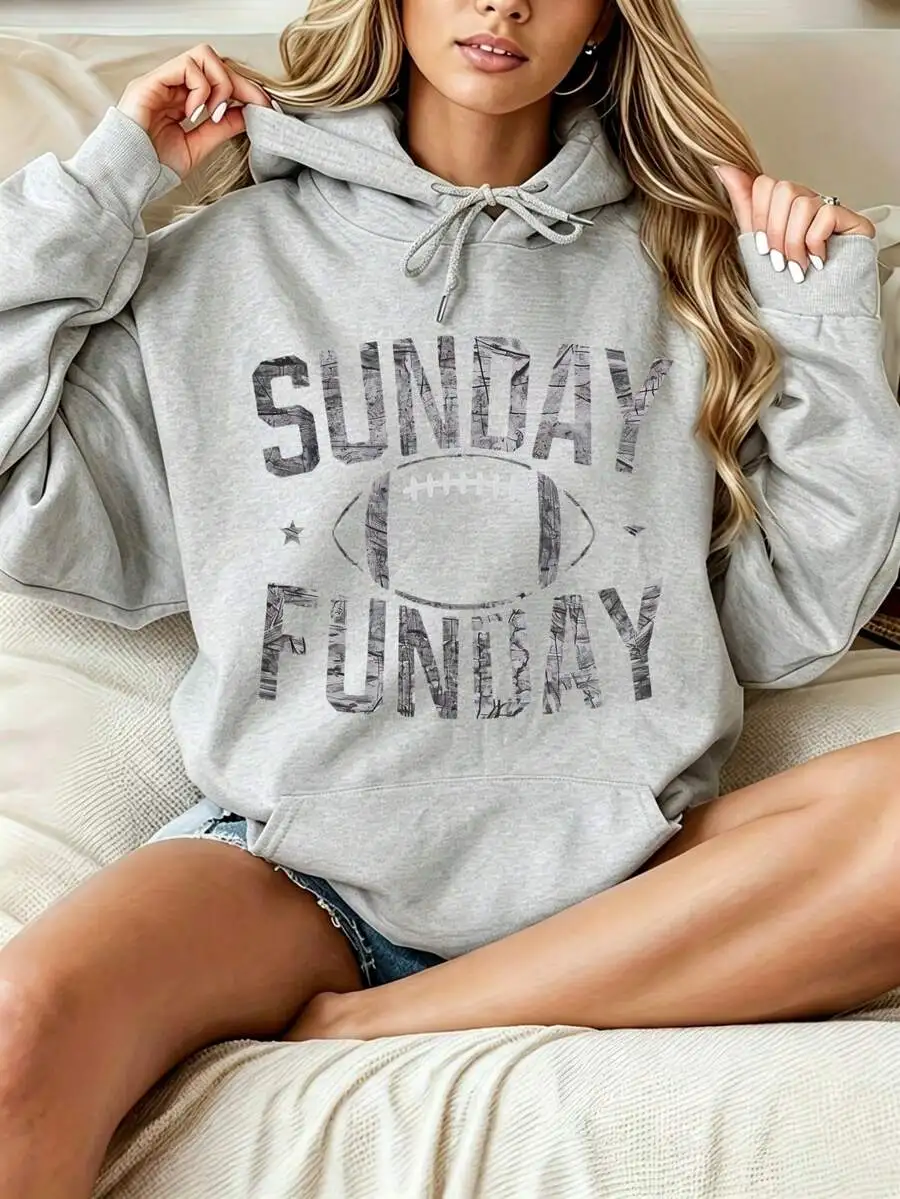 2026 Fashion New Arrival Women Long Sleeve Pullover Hoodie, Sunday Funday Letter Football Print Casual Daily Fall Winter Holiday Basic Sweatshirt Top