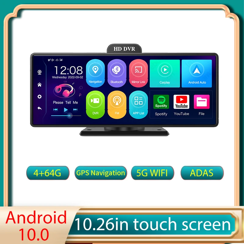 10.26 Inch Android 10.0 Dual Cam DVR with GPS Navigation Wifi ADAS