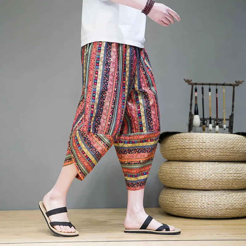 

Лето 2022, мужские шаровары в этническом стиле, мужские полосатые брюки с принтом, мужские японские уличные брюки, мужские брюки длиной до икры с вышивкой