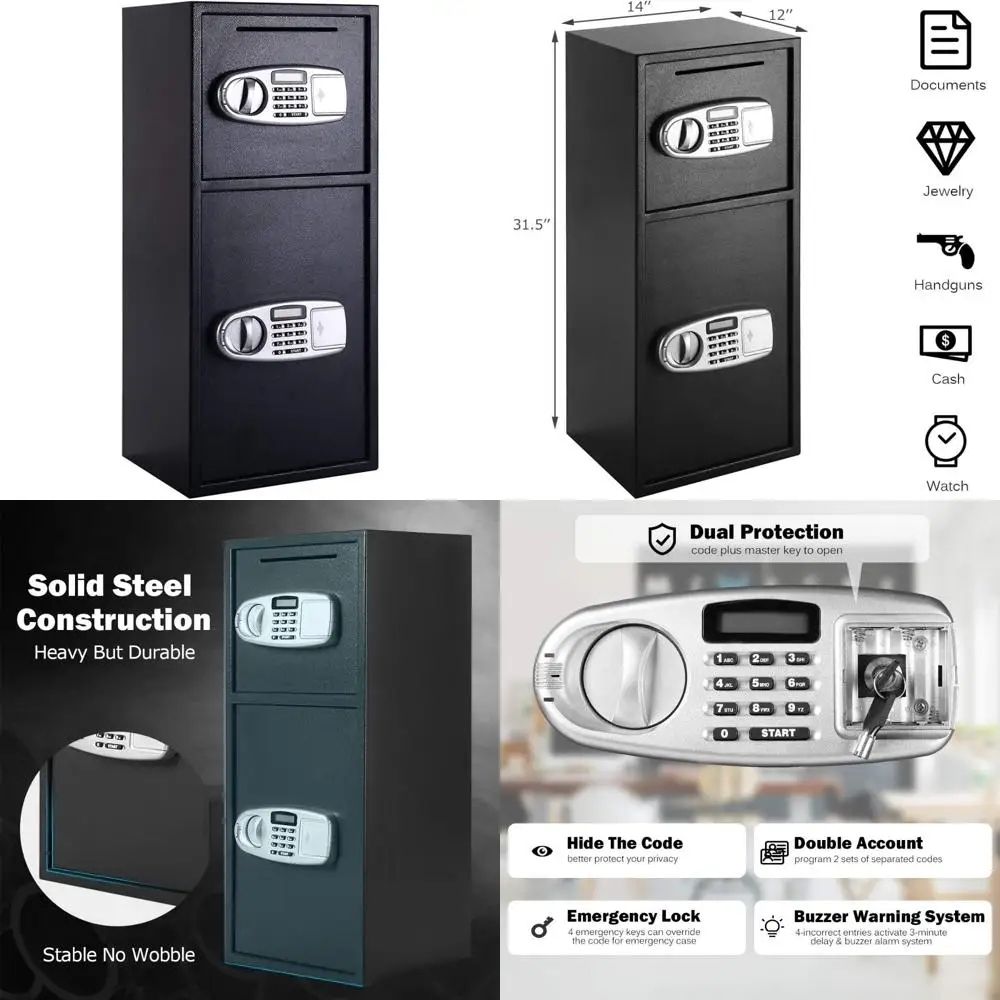 Double Door Digital Safe Box with Separate Keypad, Emergency Keys, and Security Drop Slot for Home or Office Use
