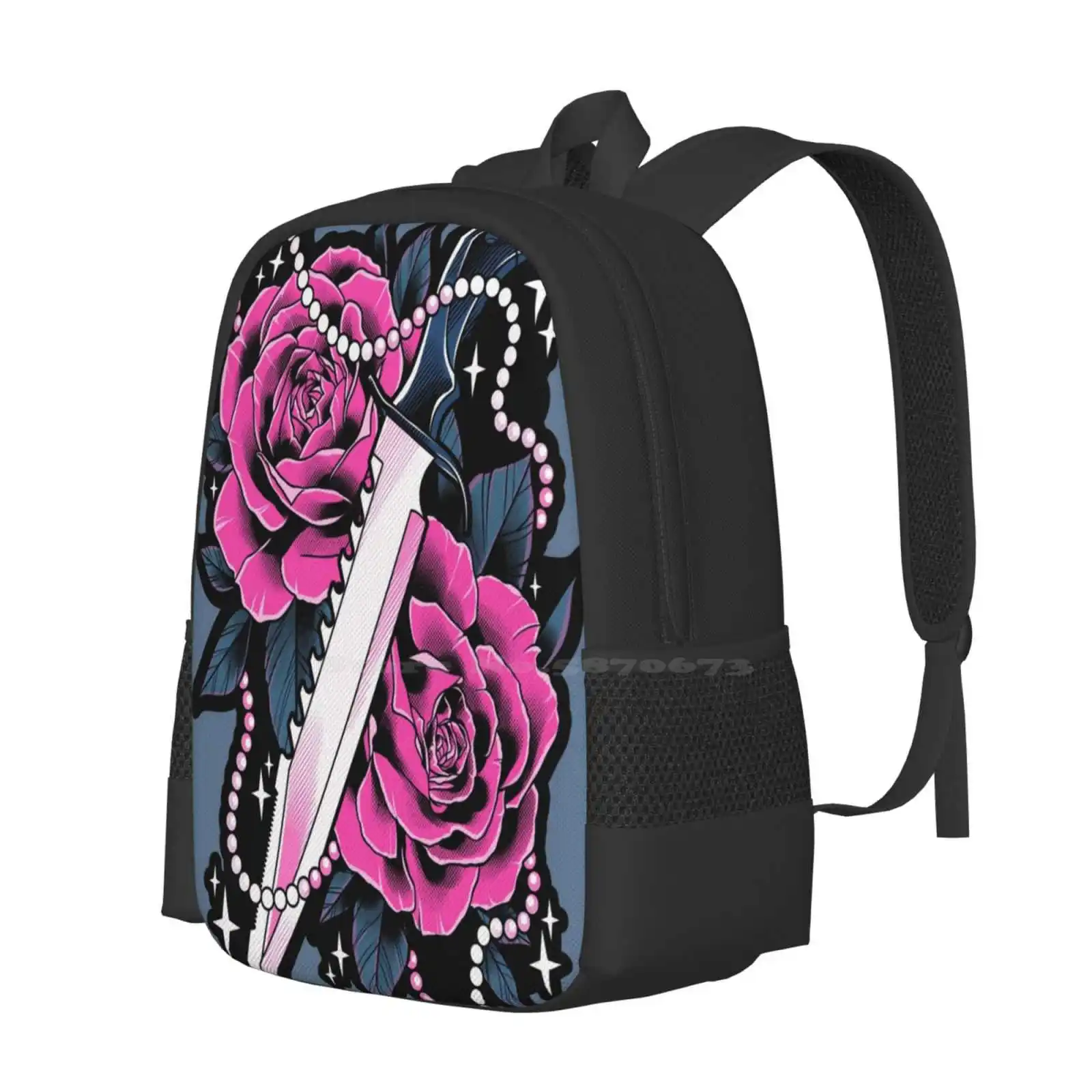 Knife And Roses School Bags Travel Laptop Backpack Pastel Knife Tattoo Design Neotraditional Pink Roses