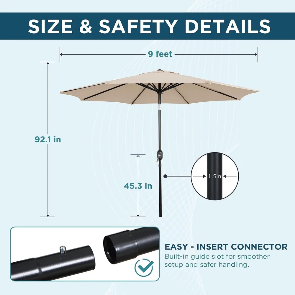 9FT Outdoor Patio Umbrella with Tilt & Crank, Heavy-Duty 8 Ribs, Market Umbrella for Garden, Deck, Poolside & Backyard