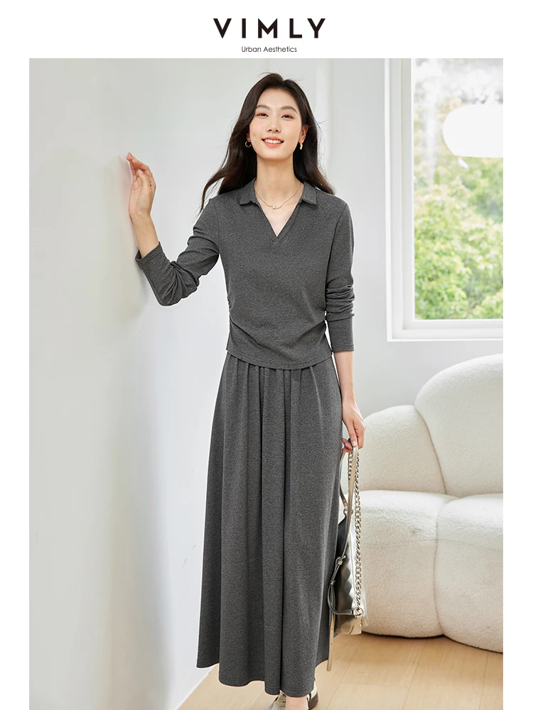 VIMLY Women's Fashion Simple Skirt Set Atumn Long Sleeve V-Neck T-Shirt+Long A-Line Skirt Set Casual Matching Suit Outfits M8617