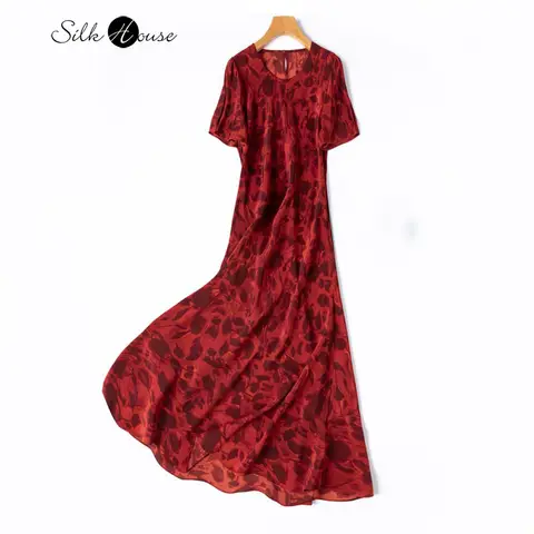 Snedskuren 1,25 meter förlängd 100 % naturligt mullbärssiden, crepe de chine, rund halsringning, kortärmad, festklänning med fisksvansmönster för kvinnor 10 best sales 100 sidenklänningar - №1