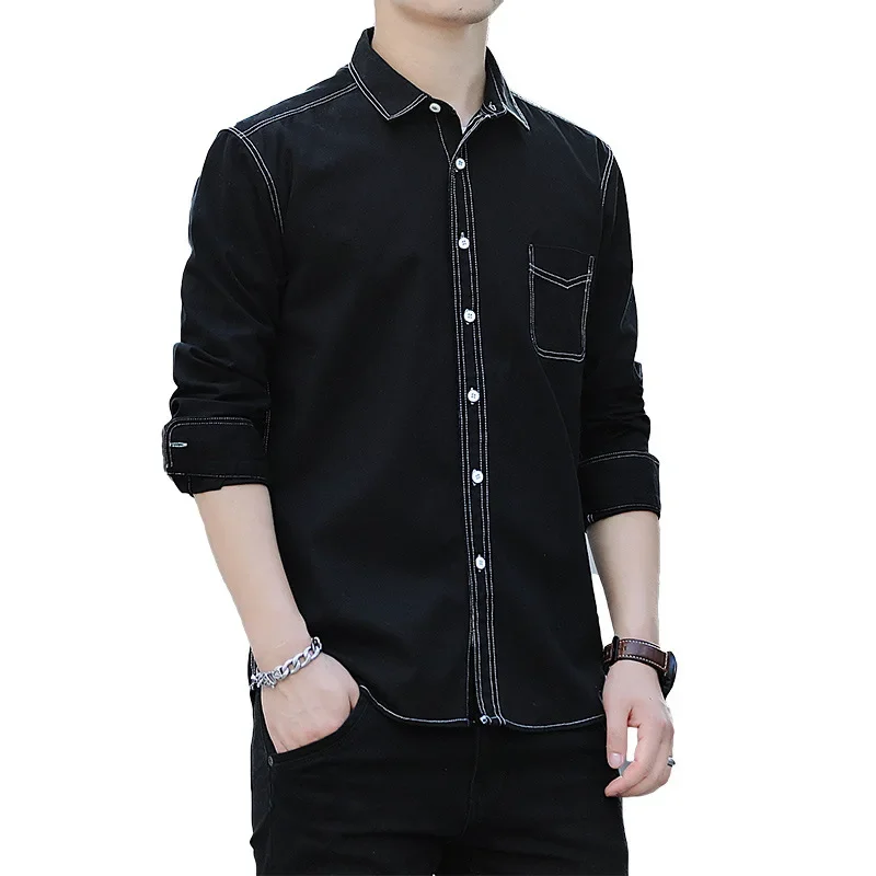 2024 New Black Japanese Casual Shirt Imitation Denim Wash Plain Long Sleeve Shirt Simple Fashion