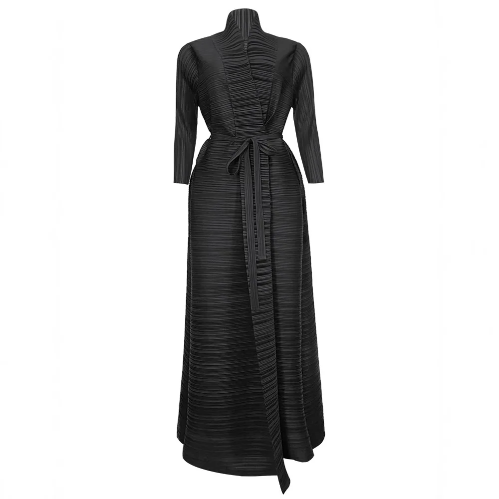

Miyake Pleated Black Gown Coat Cardigan Dress Chic Lapel Collar Ruched Maxi Skirt Women Arabic Robe 2026 Fall Winter Streetwear